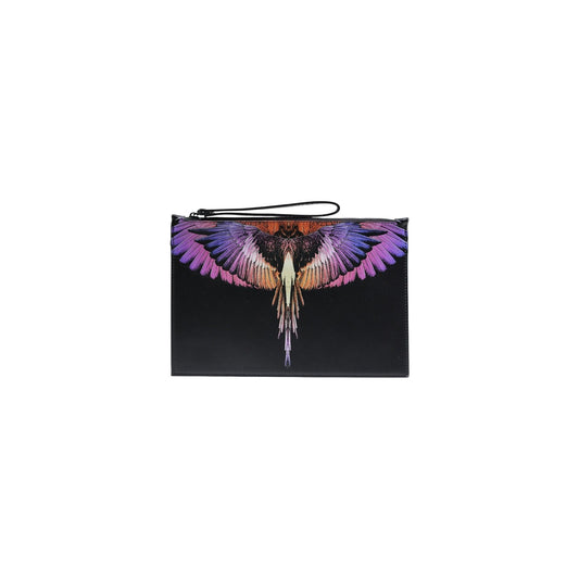 Pochette uomo County of Milan; ecopelle nera, stampa ala sfumata, cinturino da polso. Design moderno e compatto.