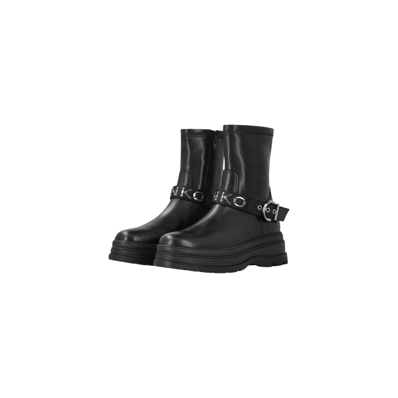 Stivaletti Pinko EVA 01 neri donna SD0605E007. Ankle boots in pelle nera con suola platform da 5 cm, cerniera zip laterale e cinturino con fibbia e logo metallico, scarpe invernali grintose da donna.