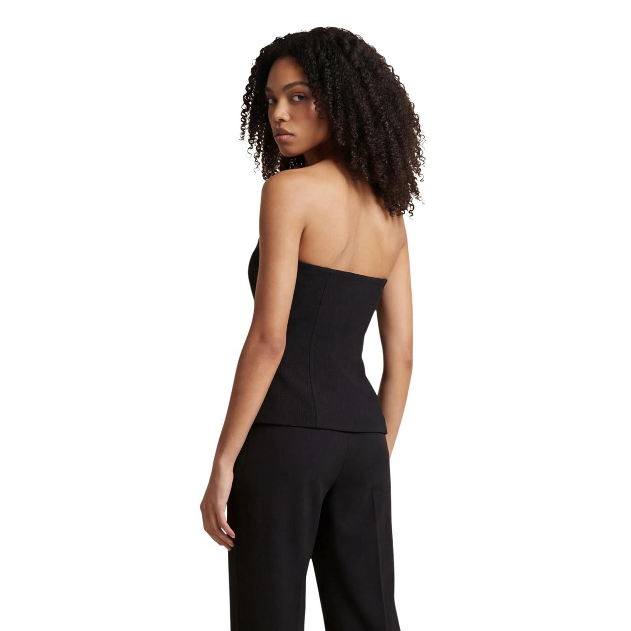 Top nero off-shoulder nero Morgan De Toi Clodi, tessuto stretch con cotone e poliestere riciclato, scollatura tonda e spalle nude, vestibilità confortevole. Vista posteriore 