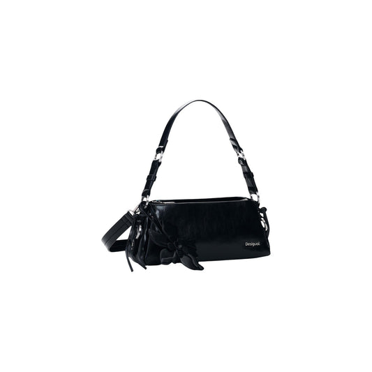 Borsa Desigual donna nera modello BAG_NEXUS BENIN. Borsa a spalla piccola stile baguette in ecopelle nera a tinta unita con manico corto regolabile con fibbie in metallo e chiusura a zip, borsa casual e di tendenza per il giorno e la sera.