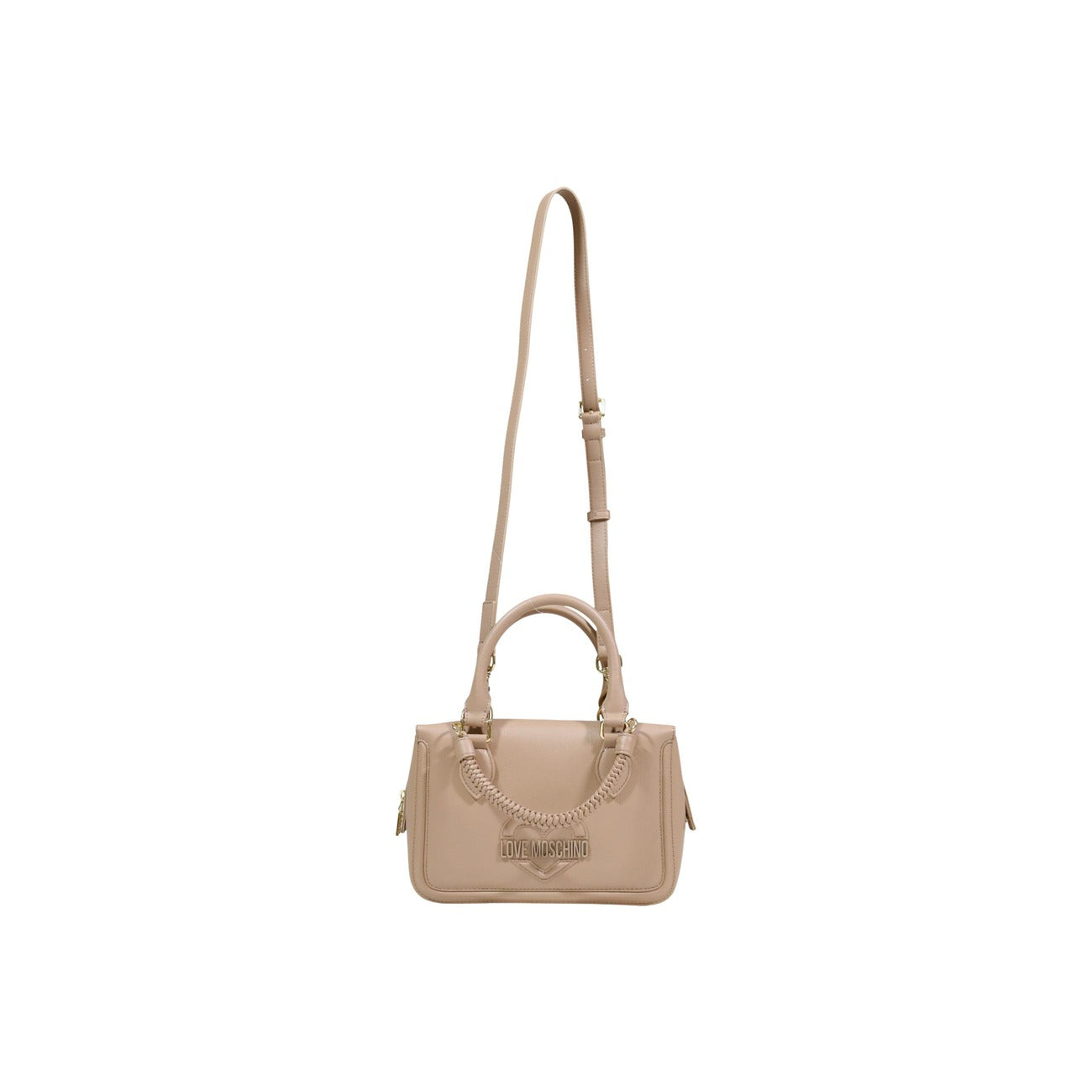 Borsa Love Moschino donna beige bauletto modello JC4097PP1. Borsetta a mano e a tracolla color beige nude/sabbia con manico a treccia, tracolla removibile e scritte logo in rilievo sul davanti, stile casual chic ed elegante.