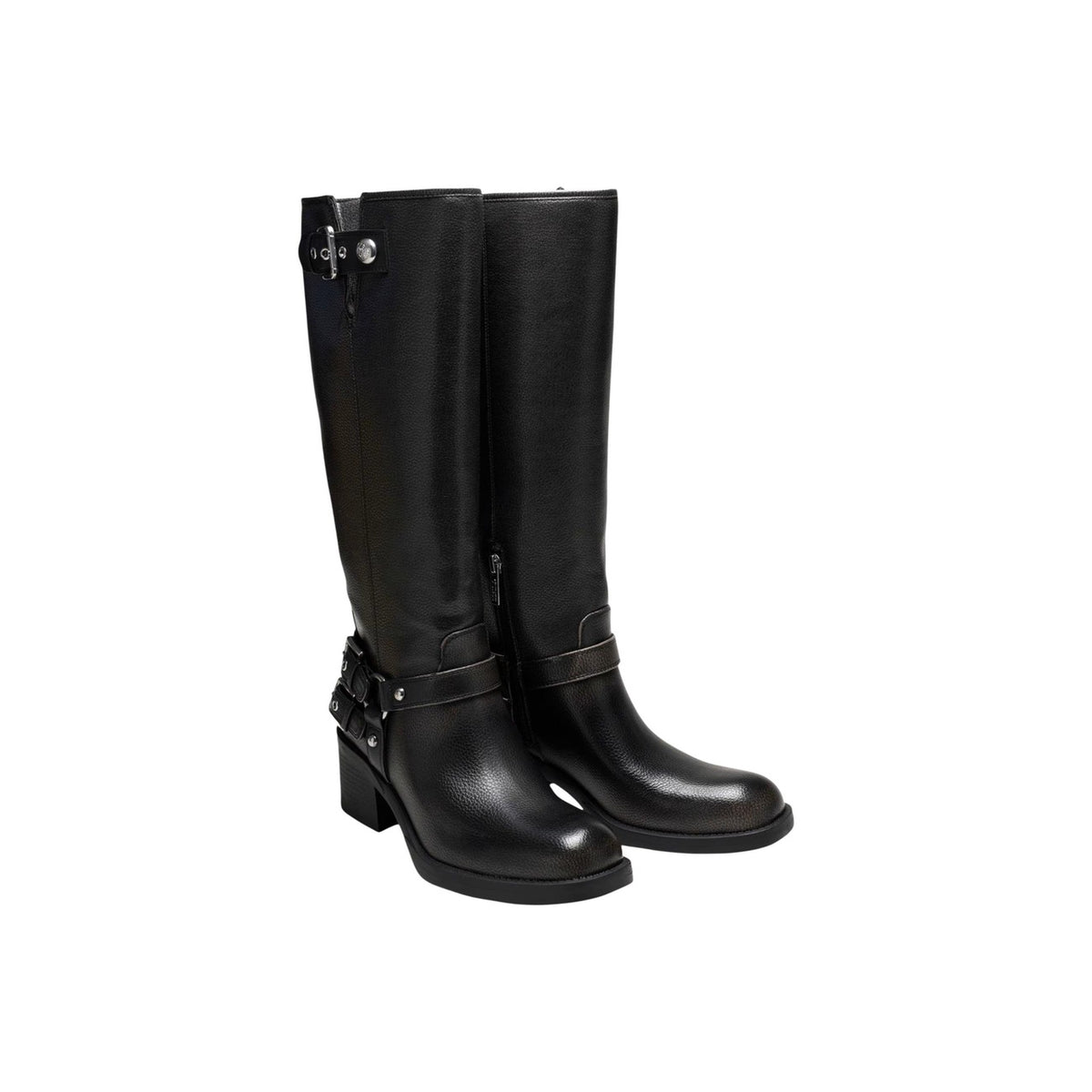 Stivali Guess donna neri FLTMAT LEA11 Matley. Stivali stile biker al polpaccio in pelle sintetica martellata, con cinturini e fibbie alla caviglia e sul gambale, tacco comodo 5 cm e cerniera laterale.