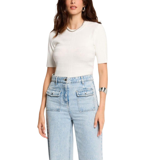 T-shirt Morgan De Toi donna bianca maniche corte scollo tondo 78% viscosa 22% poliammide - vista frontale indossata da modello figura intera
