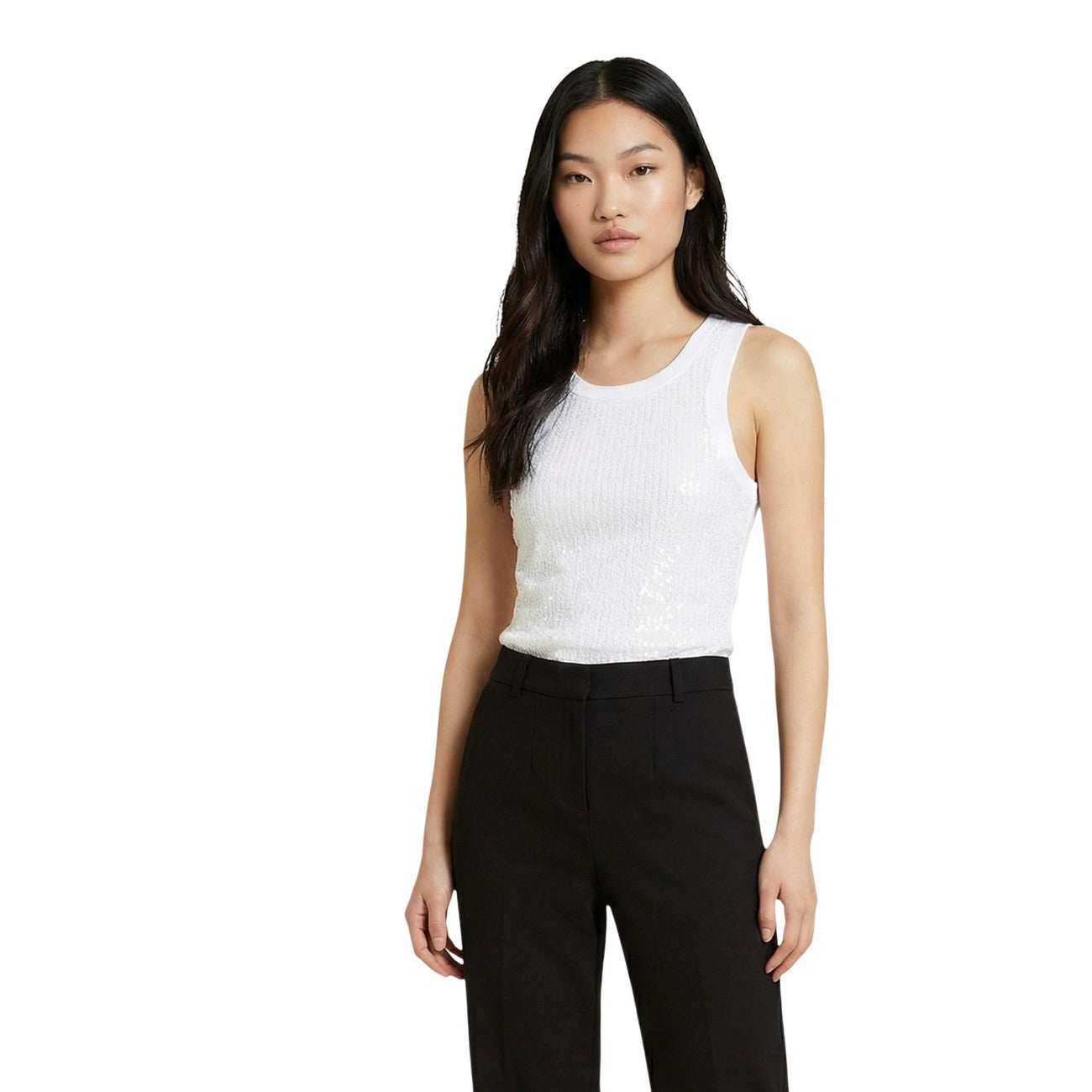 canotta Guess Alexia con paillettes in bianco puro Vista frontale 