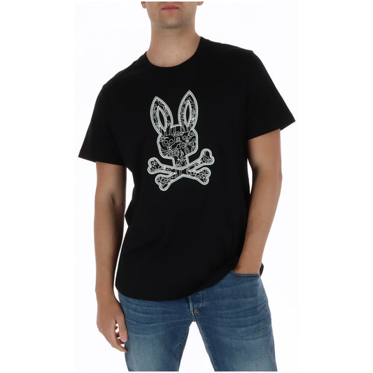 T-shirt Psycho Bunny Luke Graphic; Nero, 100% Cotone Pima. Logo coniglietto ricamato/stampato, vestibilità regolare, scollo tondo. Tessuto di alta gamma, morbido e resistente. Made in Perù. Vista frontale 