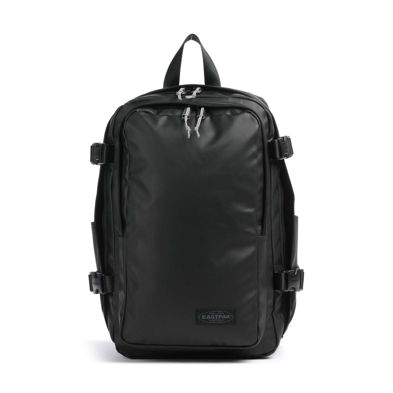 Zaino Medio Nero Eastpak Bagaglio a Mano; 40x25x20 cm. Poliestere idrorepellente, tasca laptop 15" e portaborraccia. Organizer, fascia trolley e dettagli catarifrangenti