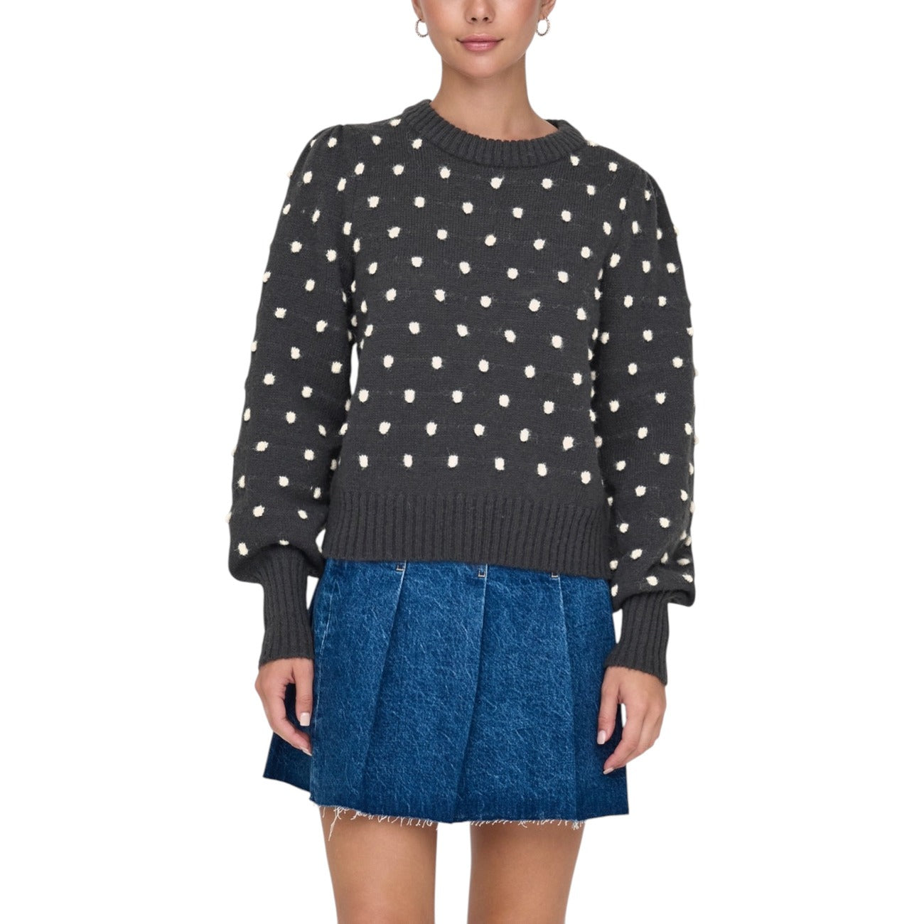 Jacqueline De Yong Maglione Donna Grigio a Pois Maniche Lunghe - Maglia Poliestere Scollo Tondo