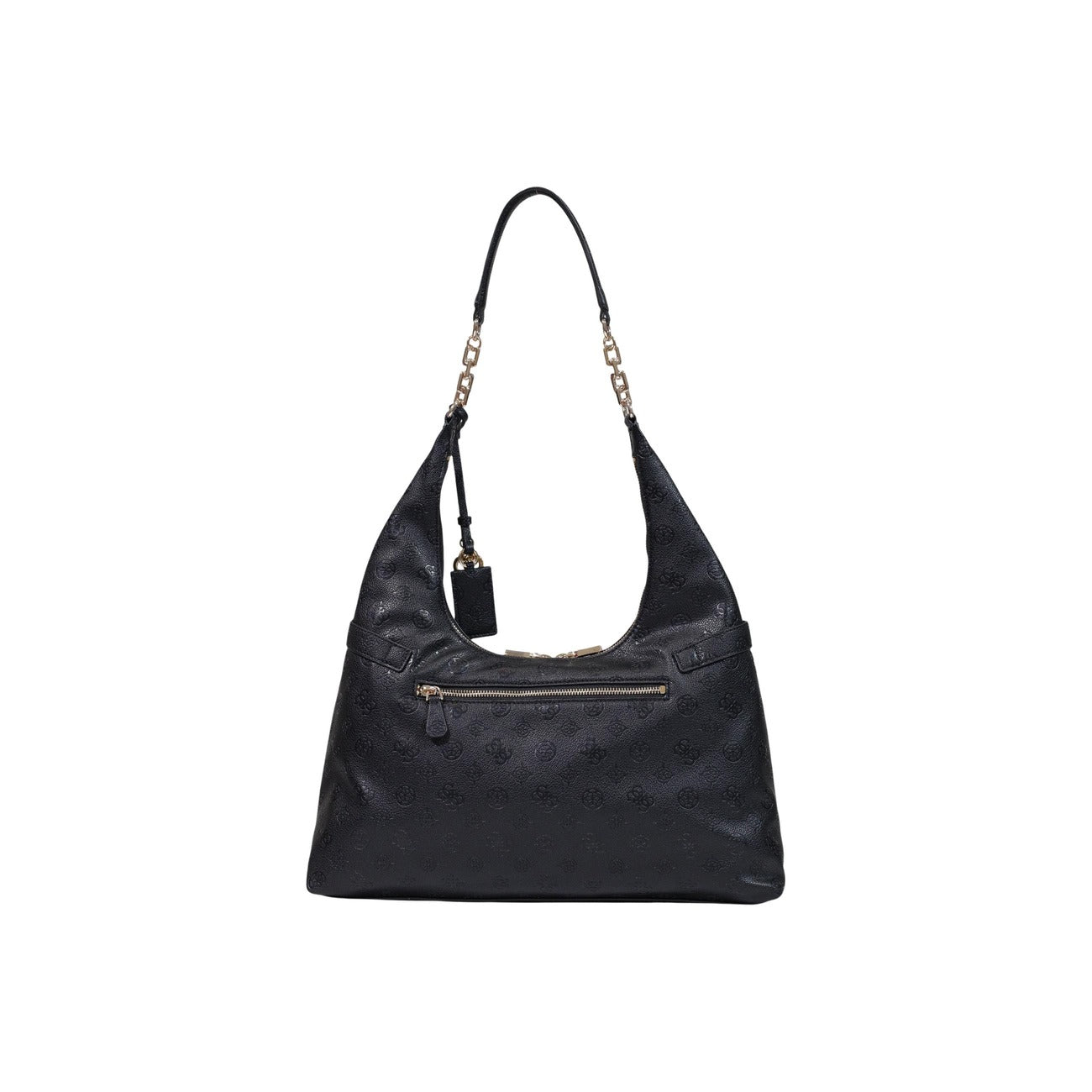 Borsa Tote Grande Donna Nera Guess Jodi; Struttura 100% poliuretano con motivo logo impresso all-over e chiusura a zip. Doppi manici con catena dorata, tasche esterne con cerniera e ciondolo con charm, stile elegante 4 stagioni. Posteriore 