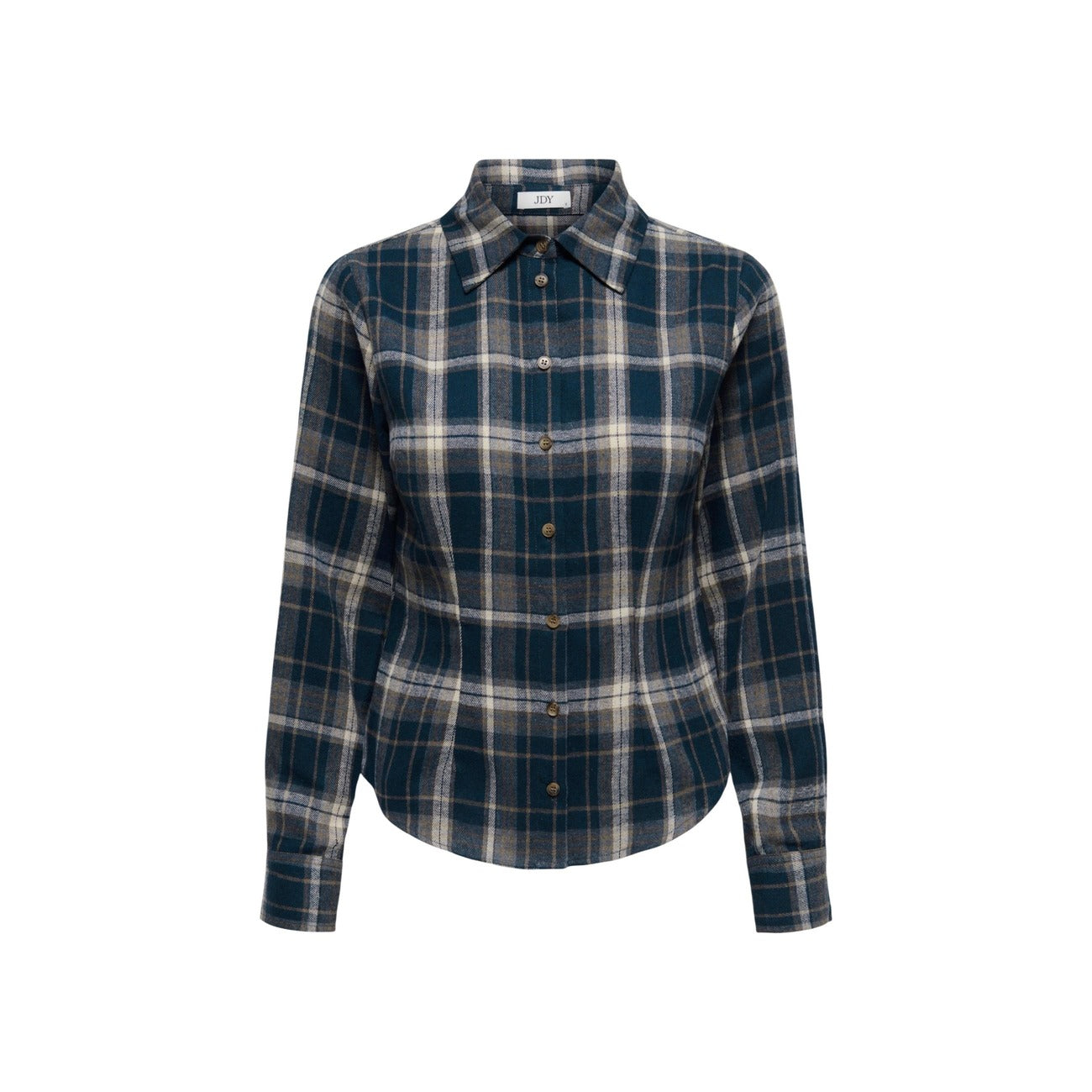 Camicia Jacqueline De Yong donna blu a quadri con bottoni manica lunga scollo tondo colletto classico - vista frontale stesa
