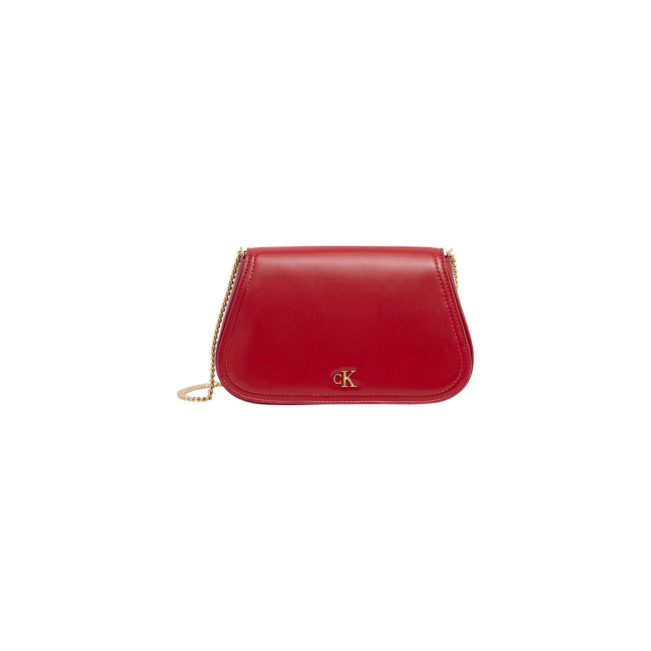 Pochette Calvin Klein rossa con catena CK Curved On Chain LV04F1153G. Mini bag da sera rossa da donna con logo monogramma CK dorato, tracolla a catena oro e chiusura zip, borsa elegante e sostenibile 4 stagioni.