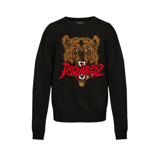 Dsquared2 Maglia Uomo Nero Stampa Scollo Tondo Manica Lunga Lana Mohair Autunno Inverno V_31630
