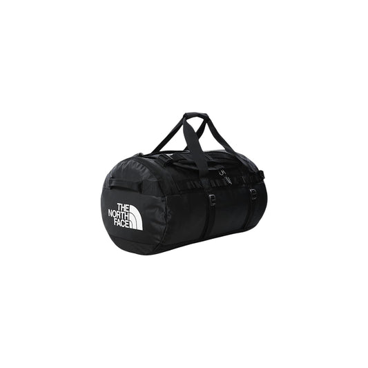 Borsone The North Face Base Camp M; 100% Riciclato. Idrorepellente, convertibile in zaino, cinghie di compressione laterali. Volume 71L, colore nero, stile sportivo 4 stagioni. Vista frontale 
