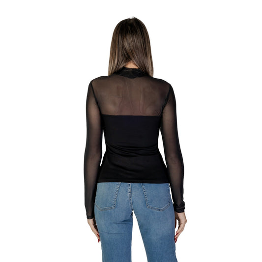 Blusa nera donna Morgan De Toi 242-TIMARA. T-shirt nera maniche lunghe aderente con collo alto ed eleganti inserti velati trasparenti su scollo e schiena.