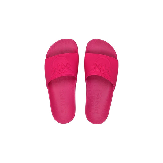 Slide Pinko DILLY 01; 100% PVC. Logo Love Birds in rilievo, fascia ampia, suola sagomata. Ciabatte donna resistenti e facili da pulire per la PE26. Colore fucsia vista dall’alto 