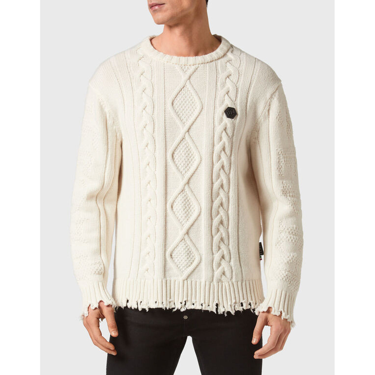 Philipp Plein Maglia Uomo Bianca Effetto Strappato Maniche Lunghe Scollo Tondo in Lana 100% Autunno/Inverno EBO_2035