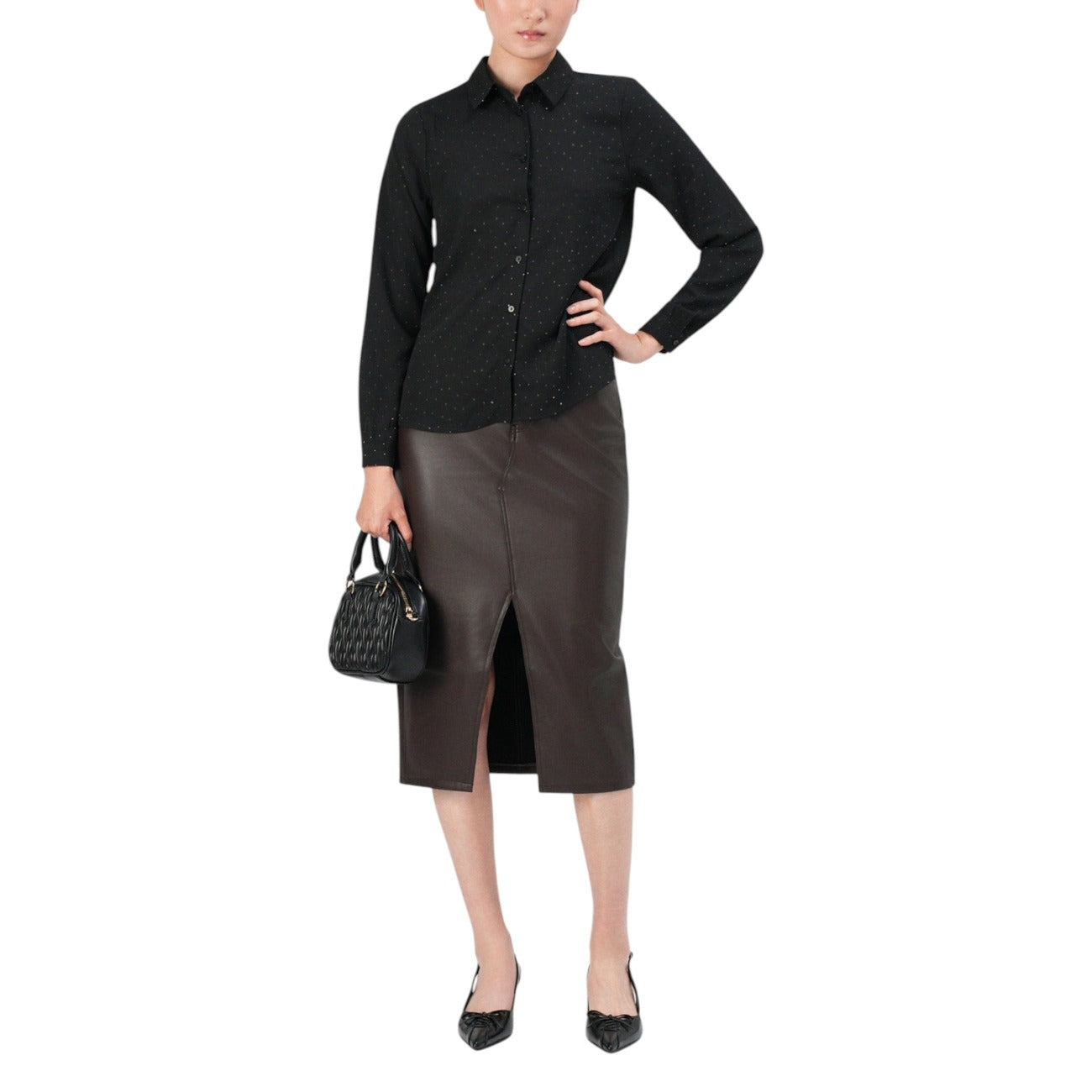 Only Camicia Donna Nera a Pois con Bottoni Maniche Lunghe Colletto Classico - Camicia Poliestere Scollo Tondo