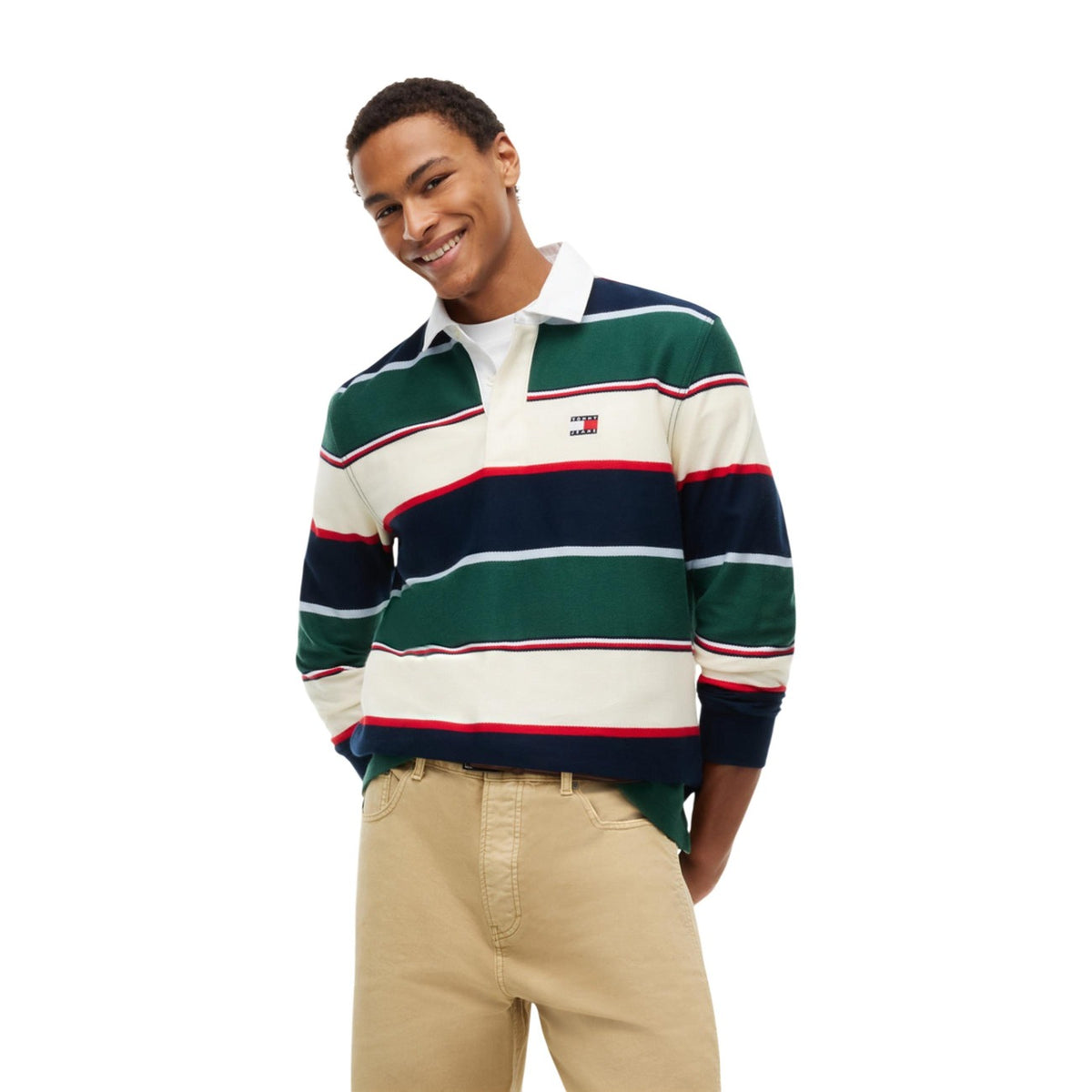Polo uomo manica lunga Tommy Jeans verde – Polo a righe in cotone rigenerato DM0DM23627.