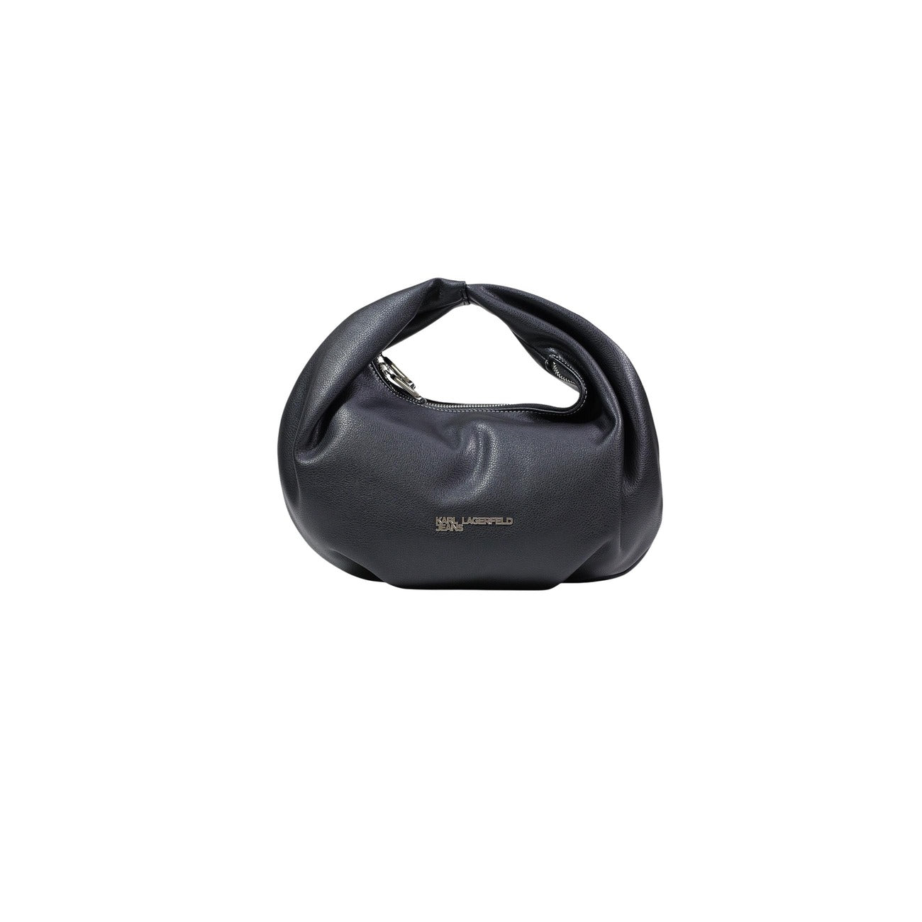 borsa hobo piccola con logo in metallo di Karl Lagerfeld Jeans, realizzata in poliuretano nero vista frontale 
