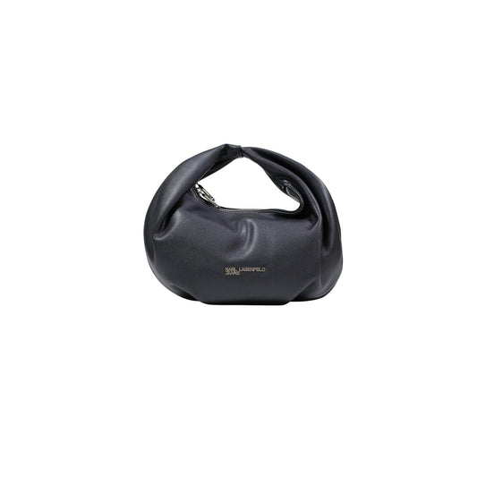 borsa hobo piccola con logo in metallo di Karl Lagerfeld Jeans, realizzata in poliuretano nero vista frontale 