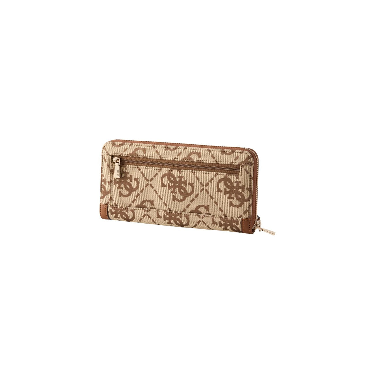 Portafoglio Grande Donna Beige Guess Audrey Logo; Modello zip-around con stampa monogram all-over e cinturino da polso removibile. Interno organizzato con scomparti carte e tasca monete, stile casual-luxury 4 stagioni. Posteriore 