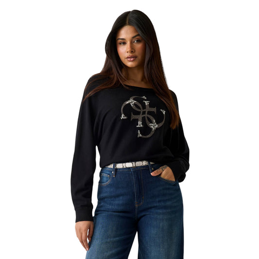 Maglia Donna Nera Guess; Viscosa elasticizzata. Taglio oversize, maniche lunghe a pipistrello, girocollo. Maxi logo frontale con applicazioni gioiello luminose, stile casual-glamour.