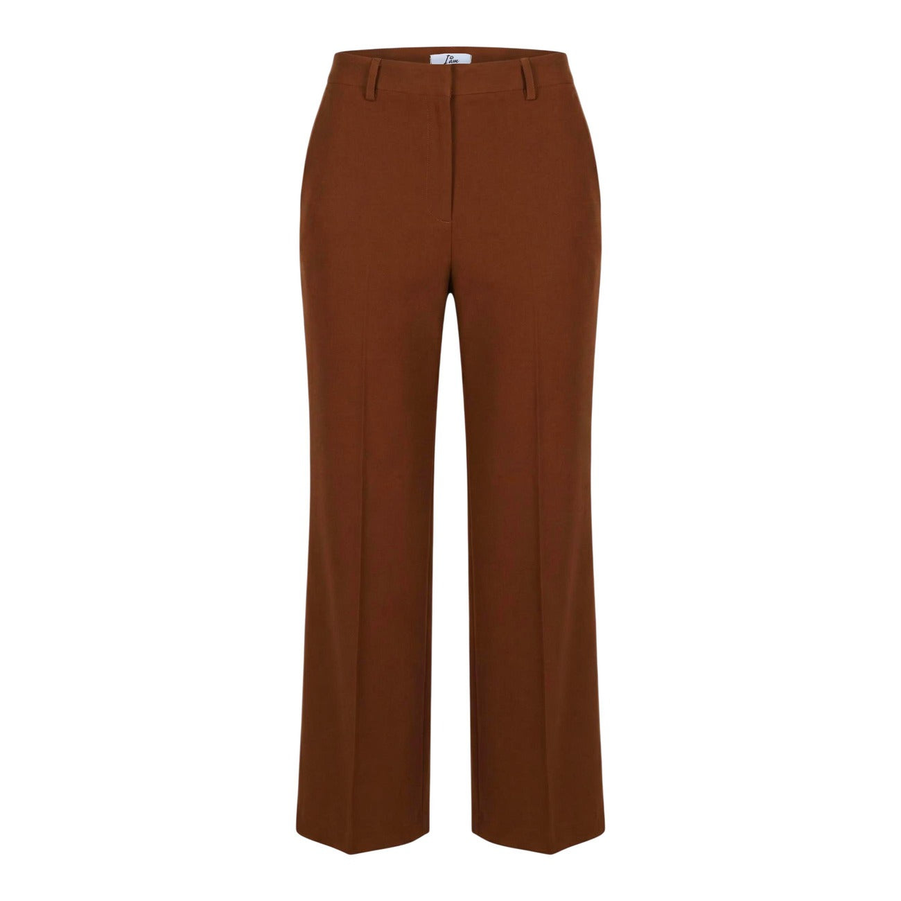 Pantaloni I AM Gamba Dritta; 88% Poliestere, 12% Elastan. Colore Mattone, piega centrale, Regular Fit. Pantaloni donna eleganti e traspiranti per la stagione PE26. Vista frontale stesa 