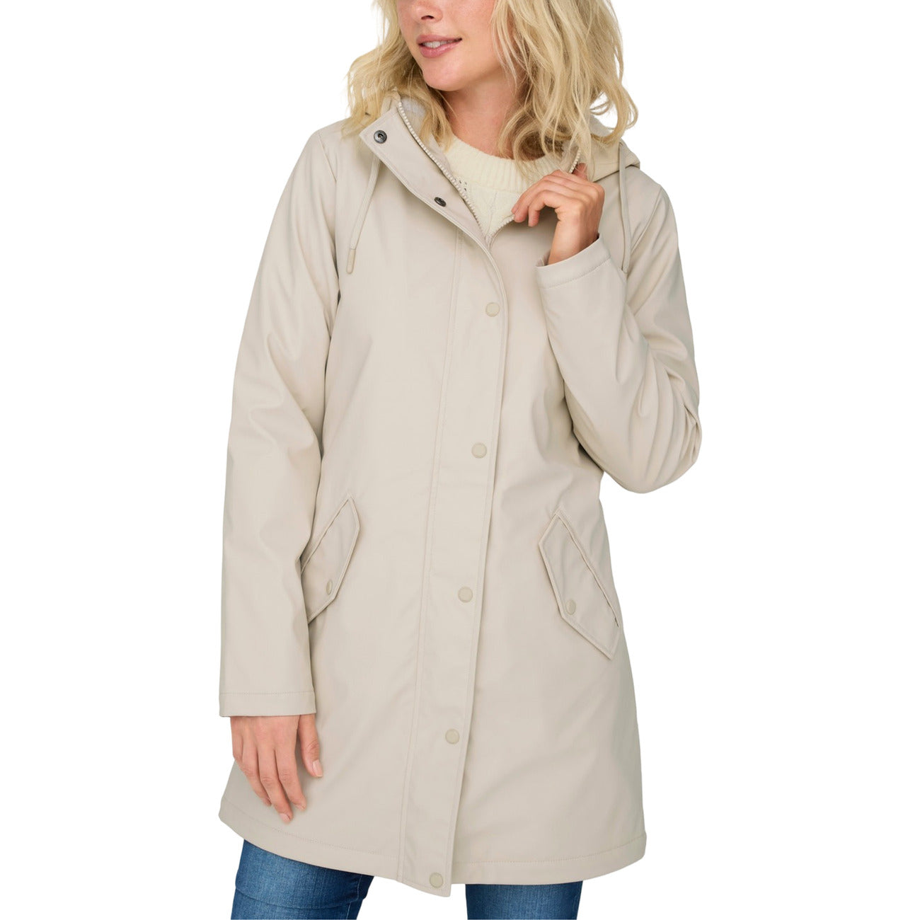 Only Giubbotto Donna Beige Zip Bottoni Automatici Cappuccio Manica Lunga Scollo Alto Tasche Poliestere 100% Autunno Inverno 15206116