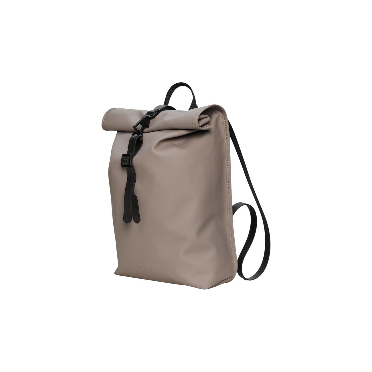Zaino Rains Rolltop Rucksack Mini Cinder grigio 13330. Zainetto impermeabile per bici e città con chiusura rolltop a moschettone, scomparto imbottito e schienale traspirante, zaino casual idrorepellente per la pioggia.