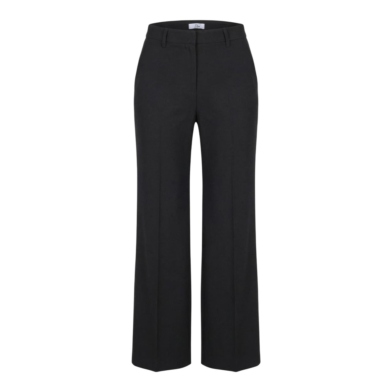 Pantalone I AM Gamba Dritta; 88% Poliestere, 12% Elastan. Colore Nero, piega stirata, chiusura zip/gancio. Pantaloni donna eleganti e antipiega, Made in Italy. Vista stesa 