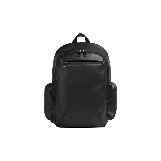 Zaino BOSS uomo nero modello Jace Backpack. Zaino porta PC e da lavoro capiente in materiale riciclato nero con tasche laterali, schienale e spallacci imbottiti stile minimal, elegante e casual business.