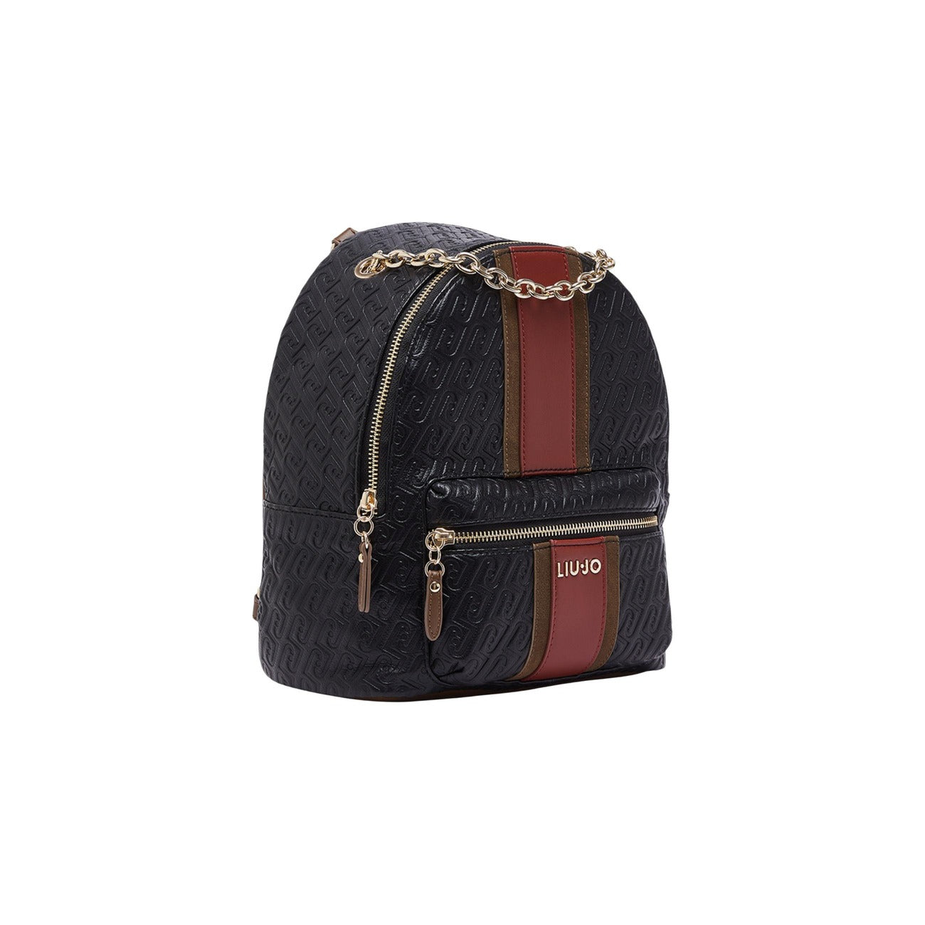 Zaino Liu Jo nero logo rilievo AF6111 E1141. Zainetto da donna nero in ecopelle con catena dorata sulla tasca frontale, spallacci regolabili e chiusura zip, zaino elegante da città e viaggi 4 stagioni.