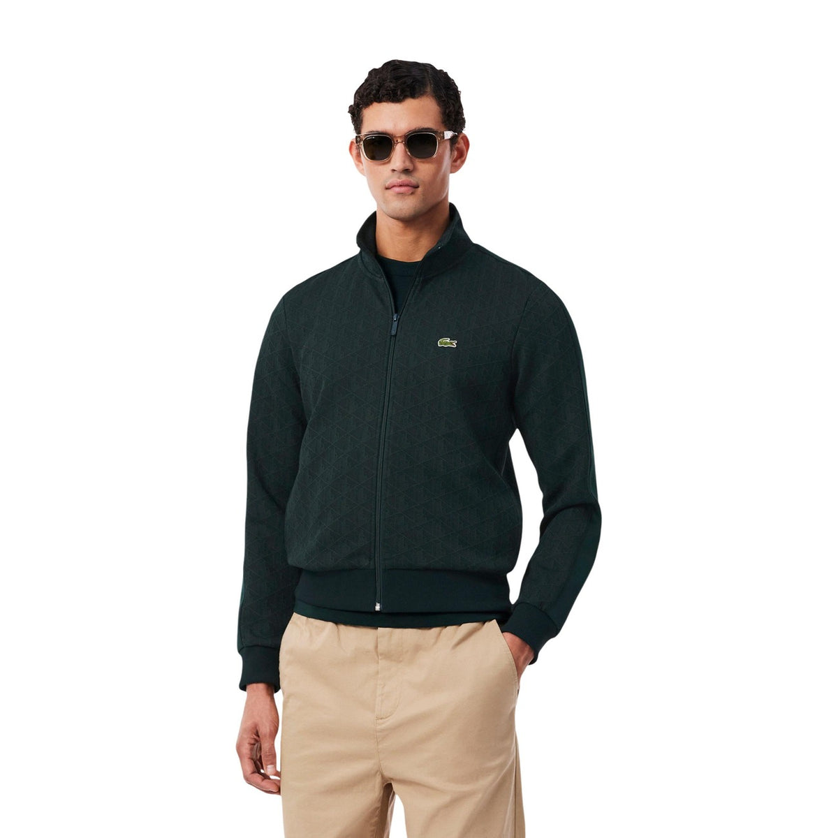 Felpa verde uomo Lacoste Paris SH1368-00. Felpa con zip e cappuccio monogramma jacquard autunno inverno con coccodrillo ricamato.