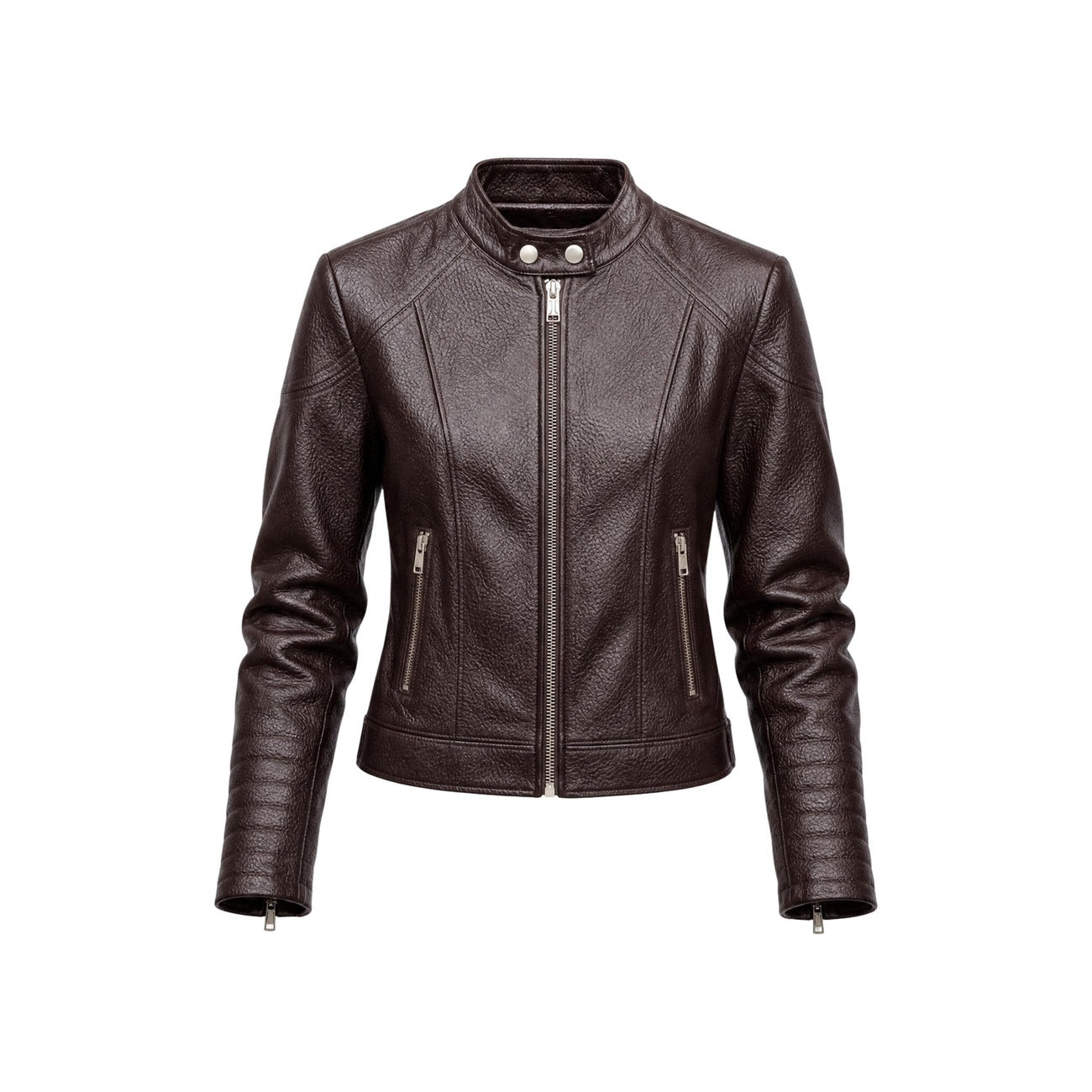 Giacca biker donna Guess Marlene Caribou W6YL25 W2914 marrone. Giacchetto corto in similpelle effetto pelle con cerniera zip a 2 vie, dettagli sulle maniche con cuciture a rilievo e zip ai polsi, abbigliamento donna mezza stagione.