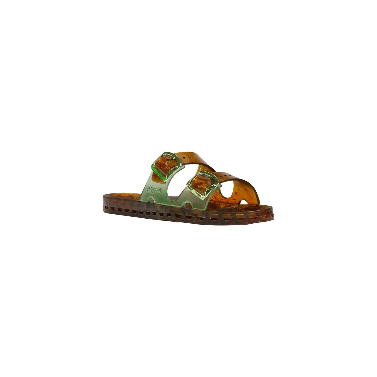 Ciabatte Sensi La Jolla Verdi; 100% PVC. Doppia fascia con fibbie, suola ergonomica traforata drenante, altezza 2 cm. Leggere, lavabili e iconiche. Stile moderno per spiaggia e piscina. Vista frontale 