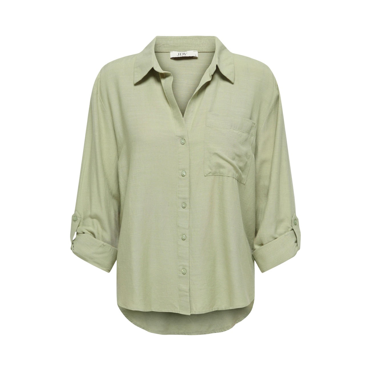 Camicia verde salvia Donna in Lino e Viscosa JDY Jacqueline de Yong; Camicia fluida a maniche lunghe con taglio morbido relaxed. Scollo a V, colletto classico e stile casual-raffinato.