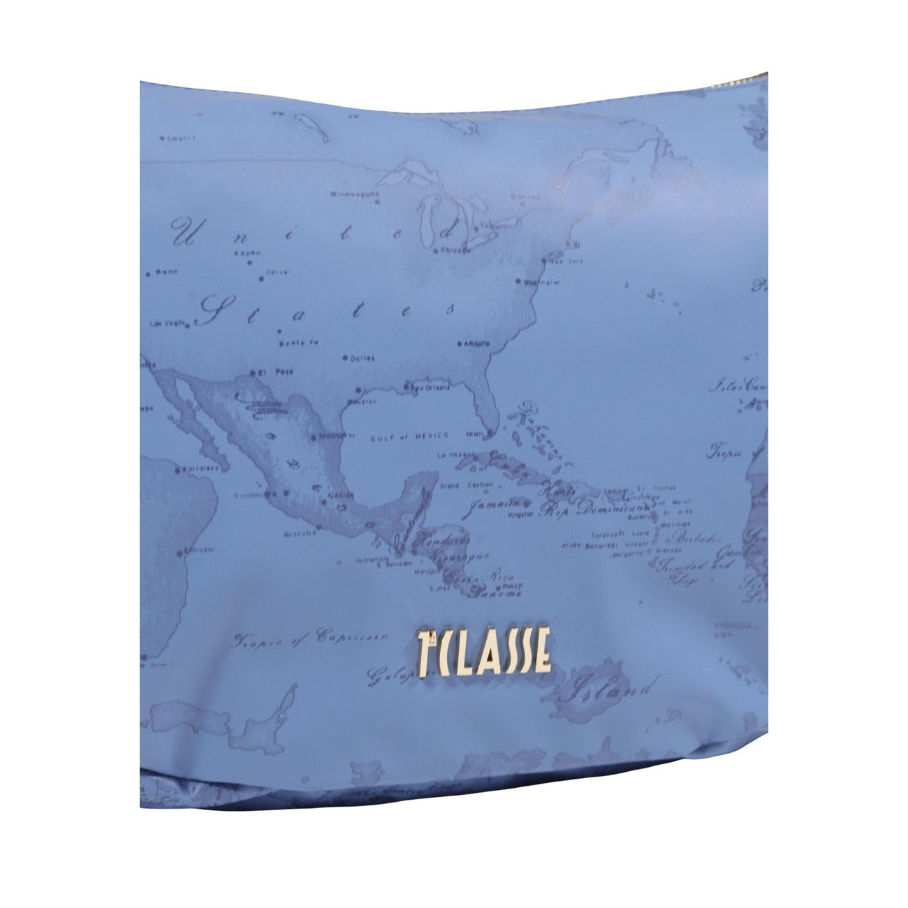 Borsa Media Alviero Martini; 58% Poliestere, 42% PU. Chiusura con zip, tracolla regolabile, logo metallico. Borsa donna leggera, sicura e iconica. Colore blu vista frontale Dettaglio stampa logo 