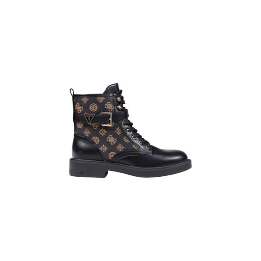 Anfibi Guess Fellini neri donna FLFFEI ELE10. Stivaletti stringati da donna neri con motivo logo Guess, cinturino con fibbia metallica, logo triangolare e suola antiscivolo tacco 3 cm, stivali militari casual autunno inverno.