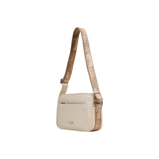 Borsa Reporter Alviero Martini 1^ Classe; 95% poliammide riciclata, design lineare, tasca frontale zip, tracolla regolabile. Stile sostenibile e versatile. Colore beige. Vista frontale Laterale 