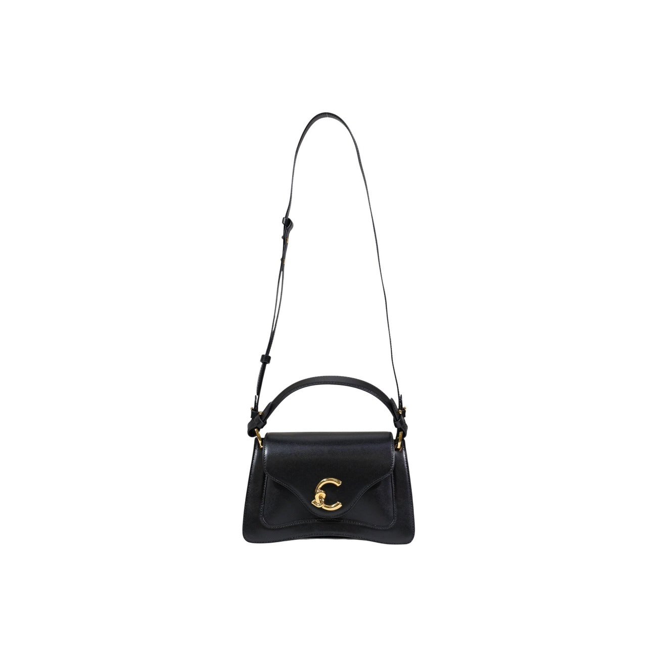 Borsa nera in pelle con fibbia; chiusura magnetica, tracolla amovibile, peso 630g. Dimensioni compatte 23.5x16x9 cm. Stile minimal ed elegante a lunga durata. Vista frontale con tracolla 