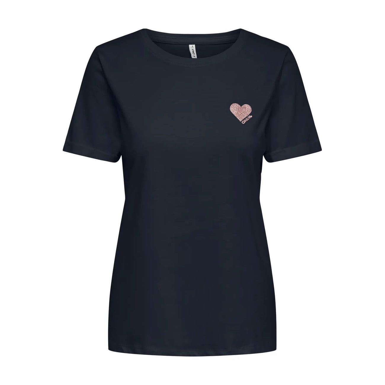 T-shirt Donna Blu Navy Only Kita Life; Maglietta a maniche corte in cotone tinta unita con girocollo. Piccolo logo sul petto, stile casual e continuativo quattro stagioni. Vista stesa frontale 
