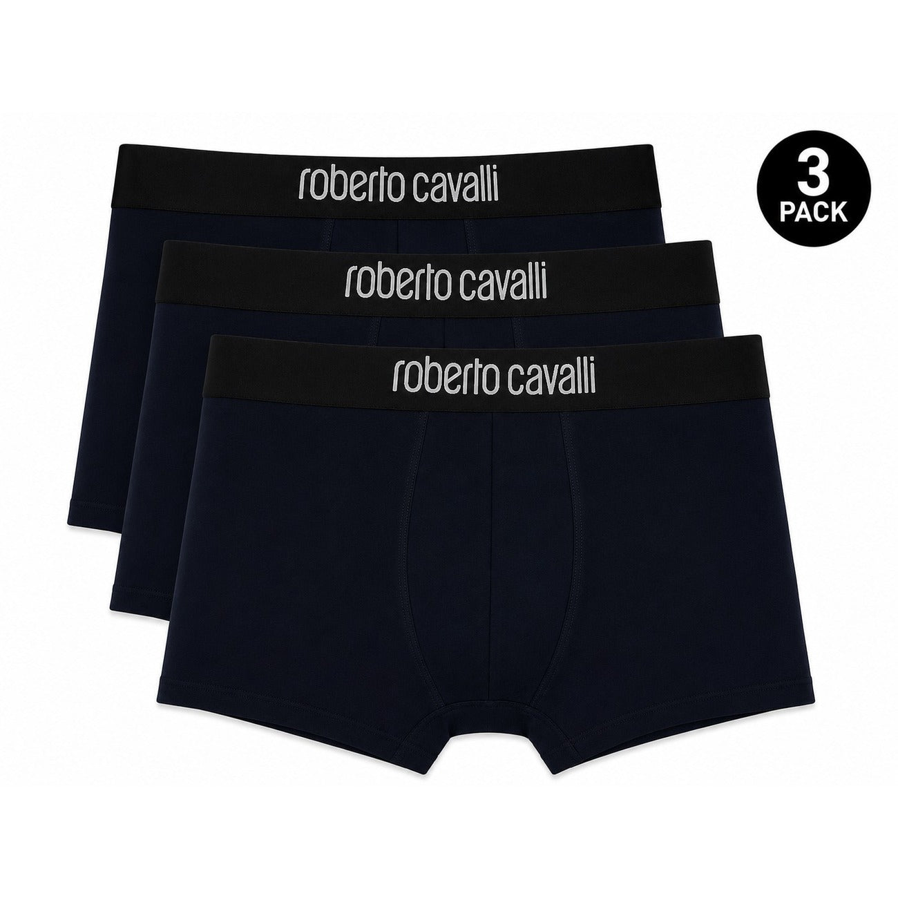 Set 3 Boxer Uomo blu scuro Roberto Cavalli Underwear; Tessuto 95% cotone e 5% elastan con banda elastica e scritte logo in vita. Taglio aderente comfort 4 stagioni. Vista frontale 