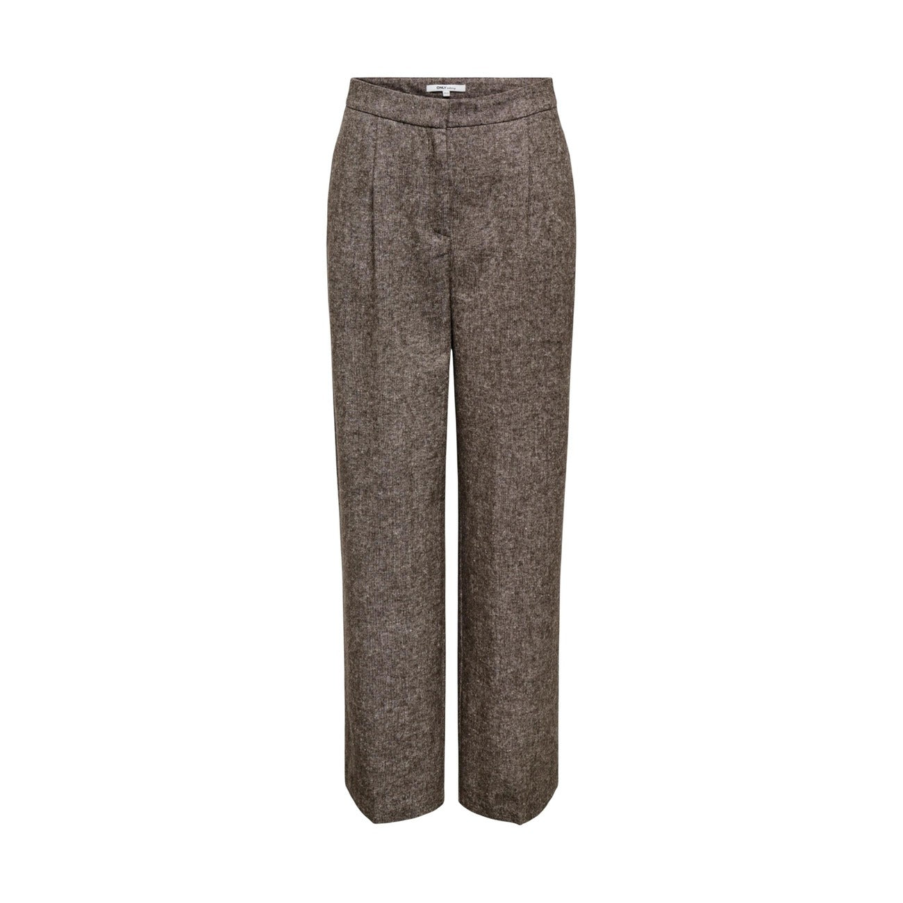 Pantaloni Only Onlbekka Wide; Effetto Lana. Vita alta, gamba larga, tessuto riciclato stretch. Pantalone palazzo donna elegante e versatile, Colore marrone vista frontale Stesa 