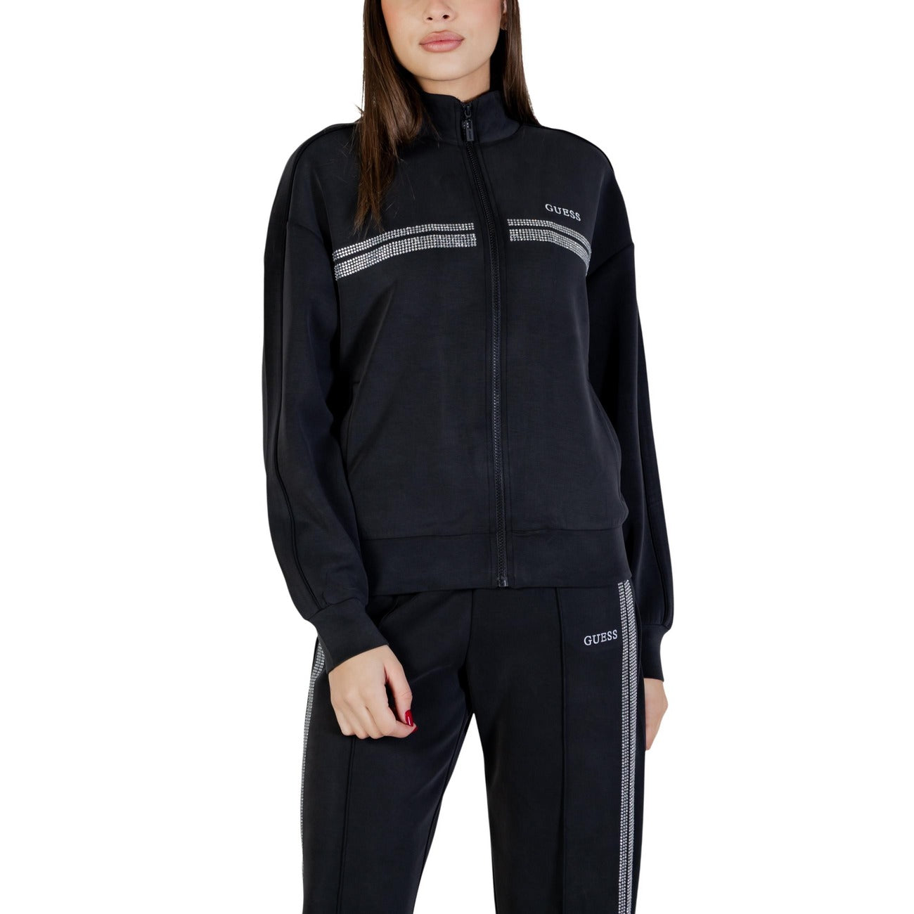 Felpa Guess Active donna nera con zip e scollo alto - vista frontale
