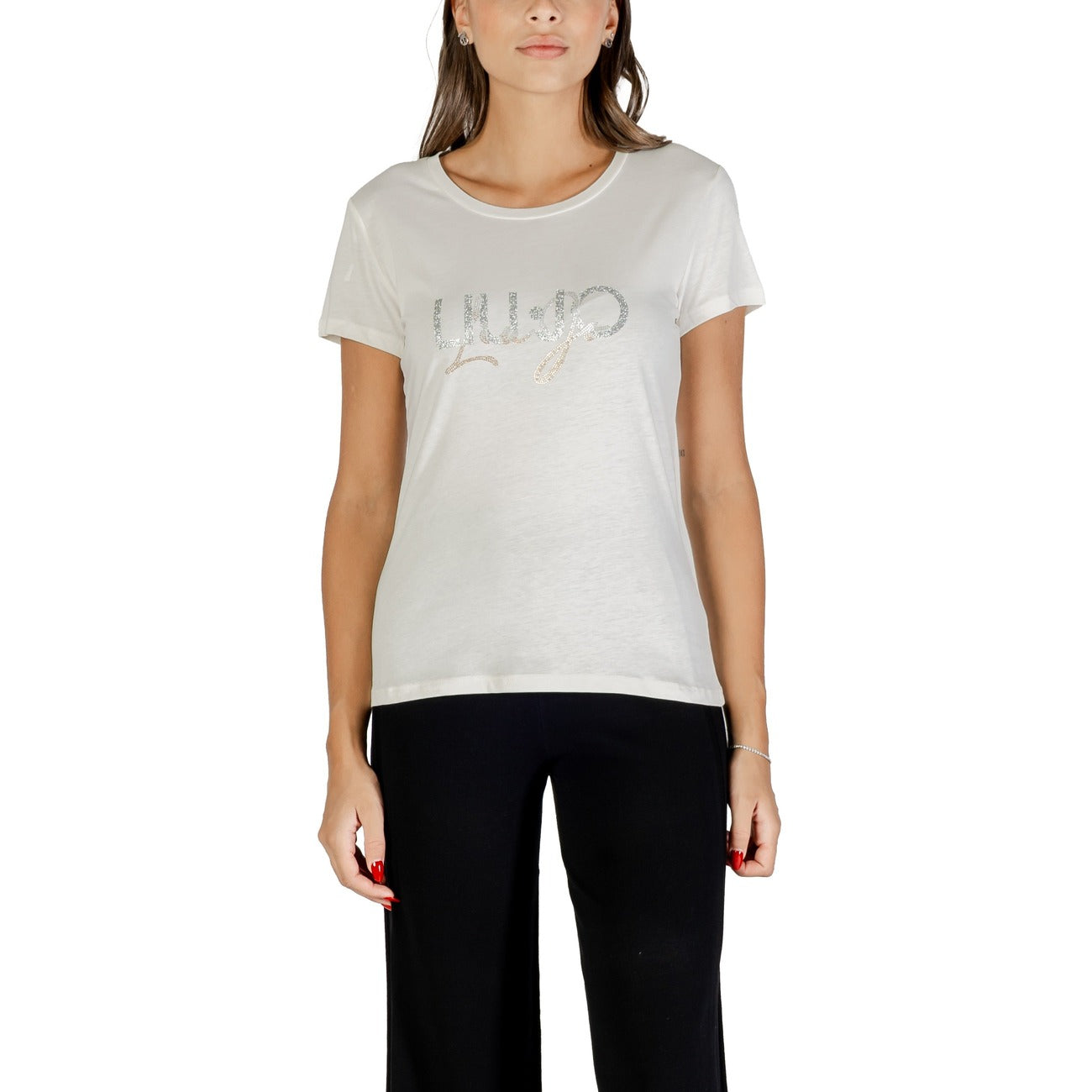 Liu Jo T-Shirt Donna Nera Strass Manica Corta Scollo Tondo 100% Cotone Primavera/Estate TF5287 JS923