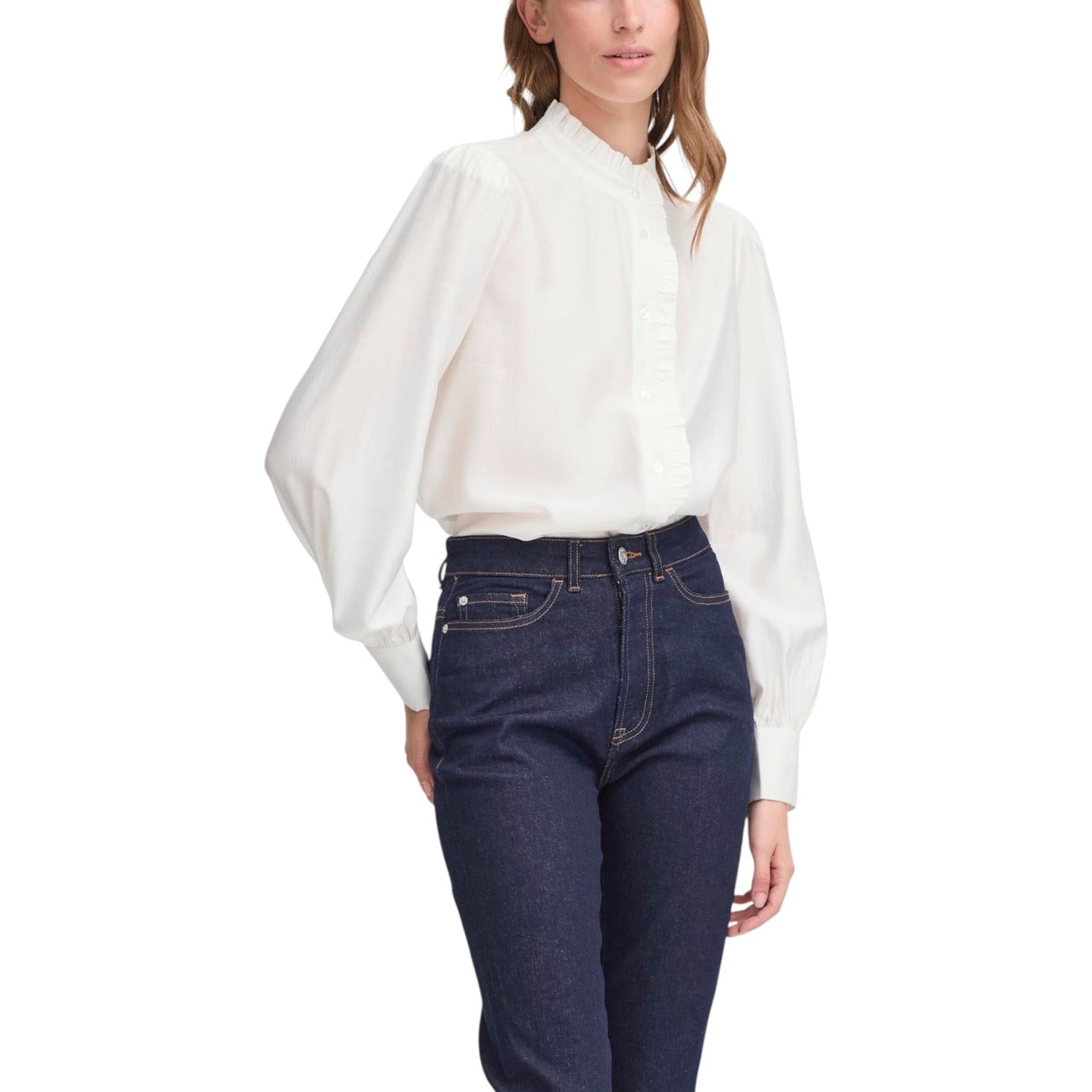 Ichi Women's Green Long Sleeve Shirt - Viscose Button-Up Mandarin Collar Shirt