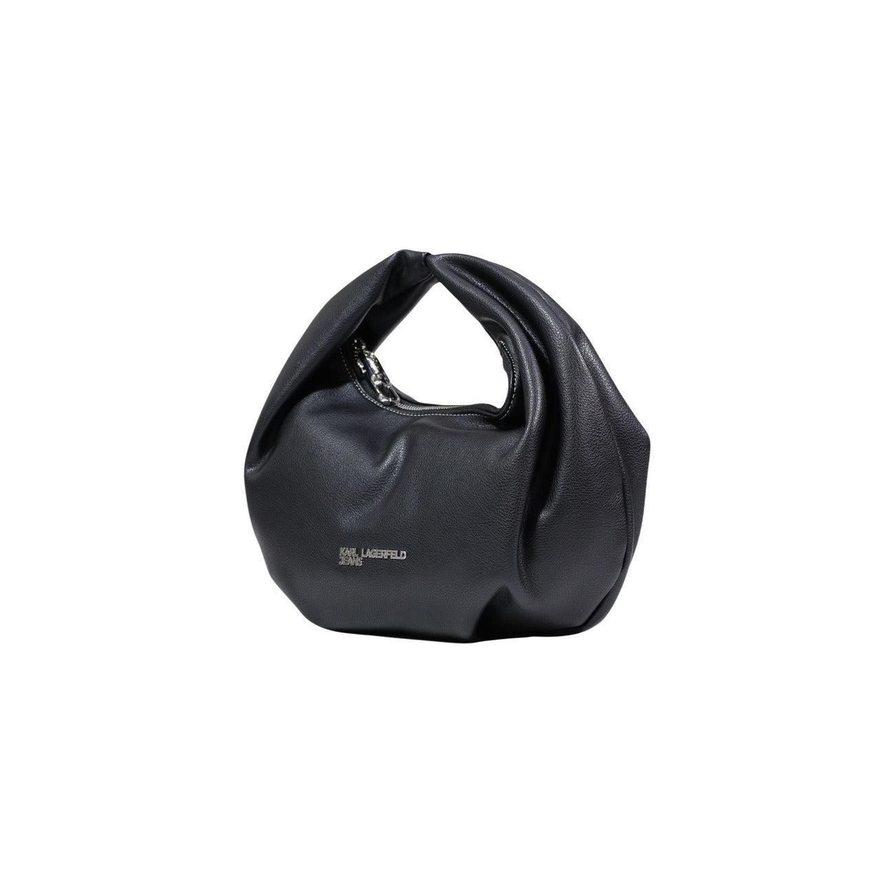 borsa hobo piccola con logo in metallo di Karl Lagerfeld Jeans, realizzata in poliuretano nero Vista frontale laterale 