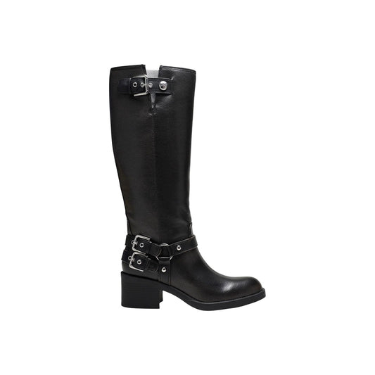 Stivali Guess donna neri FLTMAT LEA11 Matley. Stivali stile biker al polpaccio in pelle sintetica martellata, con cinturini e fibbie alla caviglia e sul gambale, tacco comodo 5 cm e cerniera laterale.