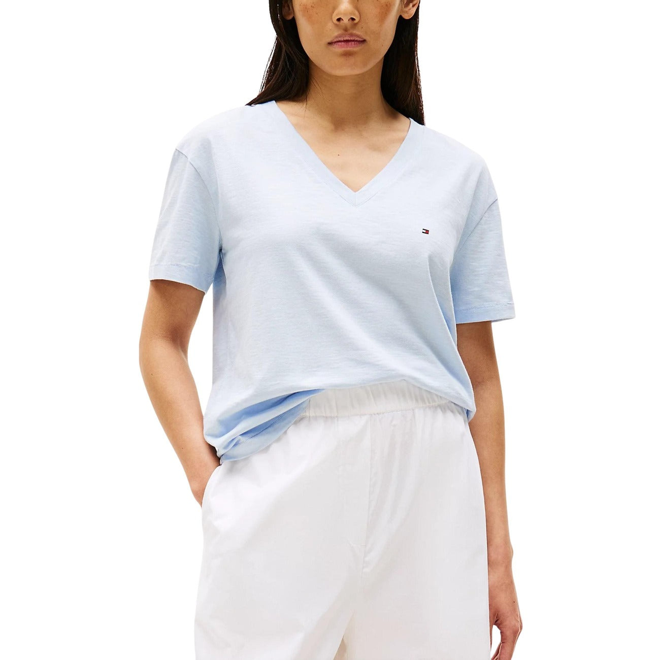 Tommy Hilfiger T-Shirt Donna Azzurro Manica Corta Scollo V Cotone Organico 100% Autunno Inverno WW0WW43901