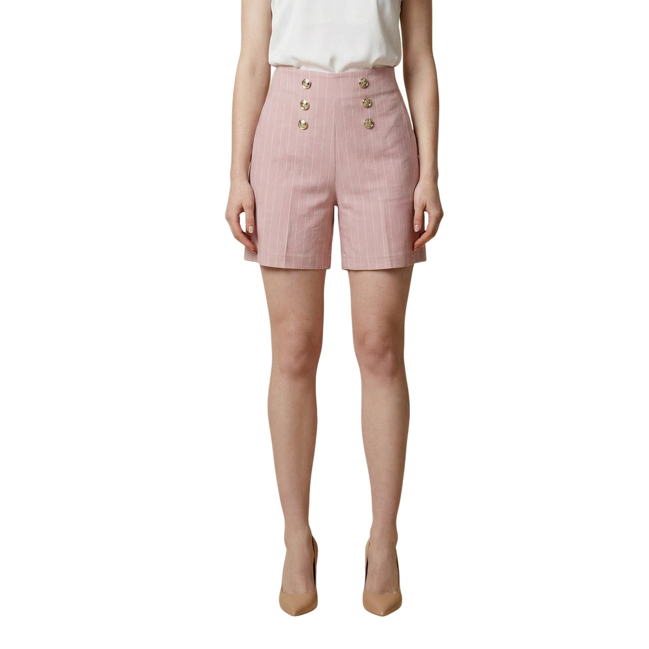 Artigli Bermuda rosa Gessati; shorts sartoriali a vita alta con bottoni gioiello. Tessuto tecnico stretch, stile contemporaneo e finiture di alta qualità. Vista frontale 