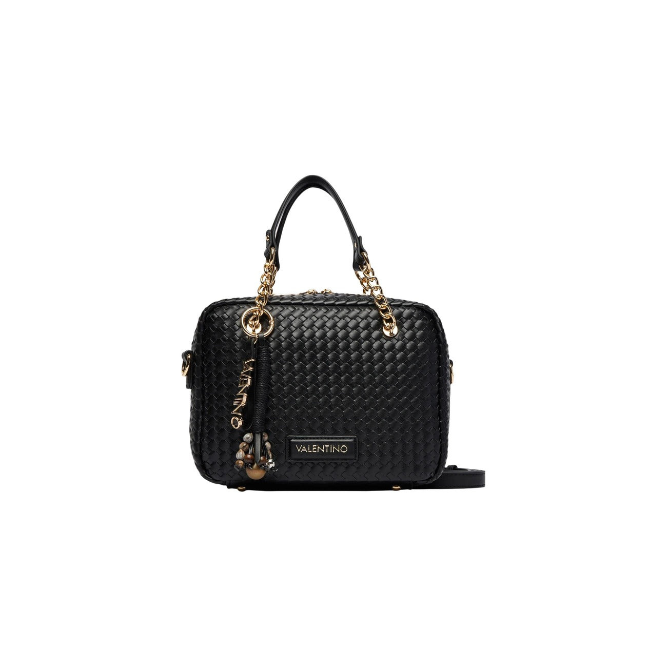Borsa Bauletto Media Nera Donna Valentino Bags Gea; Misure 11x18x11 cm. Tessuto 100% poliuretano intrecciato con manico corto in catena e tracolla rimovibile. Chiusura a zip, logo dorato e charm con perle, stile elegante 4 stagioni.